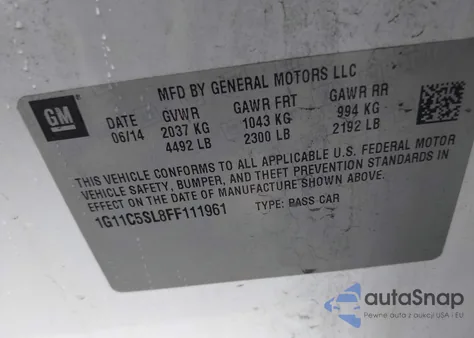 2015 Chevrolet Malibu 1Lt from USA, damaged, VIN 1G11C5SL8FF111961